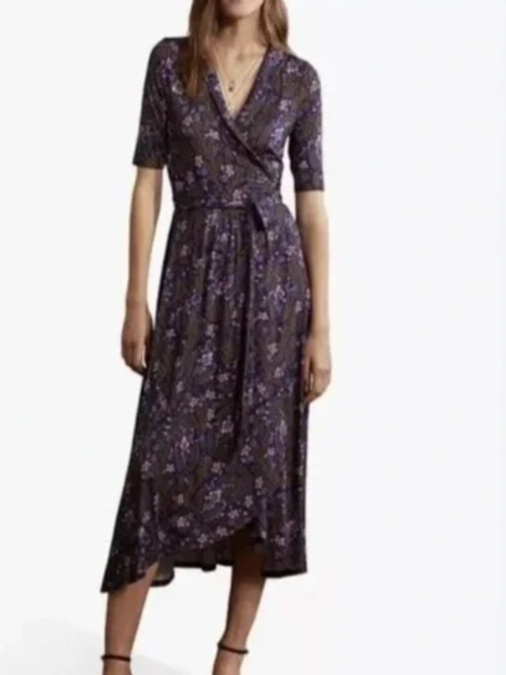 Boden Lavinia Short Sleeve Jersey Midi Wrap Dress in Blue Brown Floral Size 12
